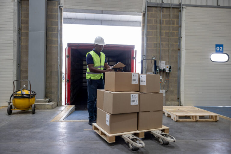 African American warehouse working loading merchandise on a truck for shipping